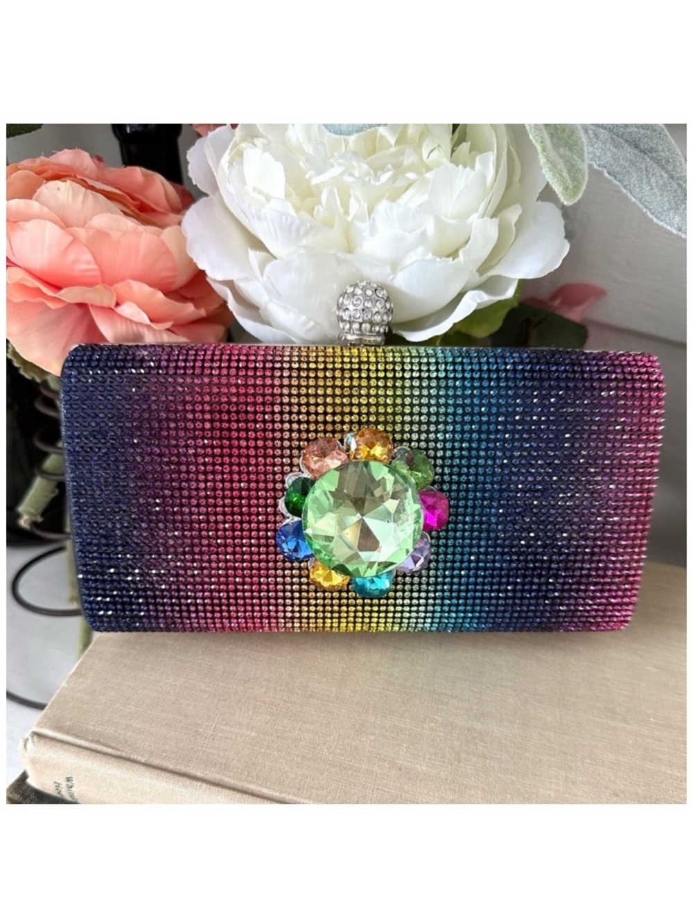 Rainbow rhinestone clutch with crystal flower on front